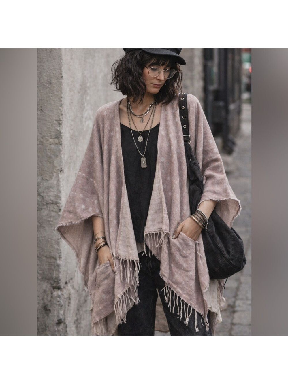 Gentle Fawn Hermosa Fringe Poncho Shawl ML Blush Pink Lagenlook Boho Wrap Kimono